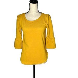 Green Envelope Yellow 3/4 Sleeve Bell Cuff Round Neck Top Women's Size Small S